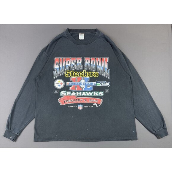 Vintage Y2K NFL Superbowl XL Steelers Seahawks Football Black Long Sleeve Shirt - Picture 1 of 16